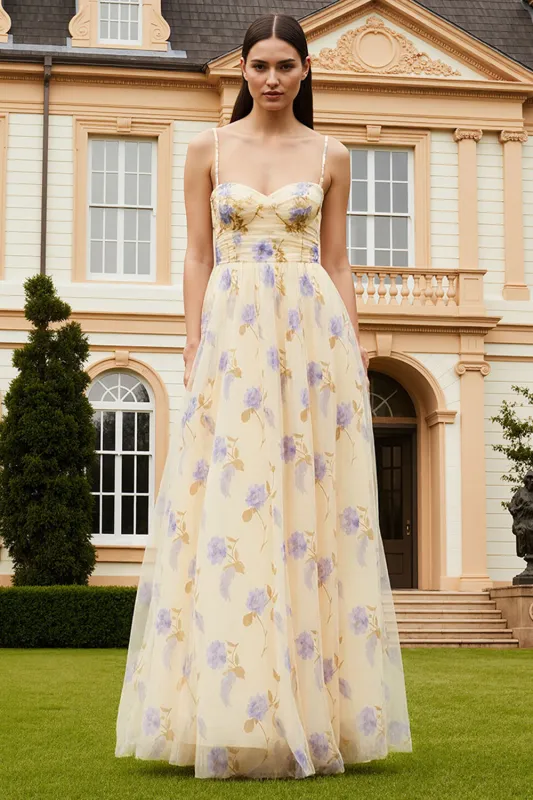 Yellow Floral A Line Spaghetti Straps Long Prom Dress with Slit sold by Wedtrend