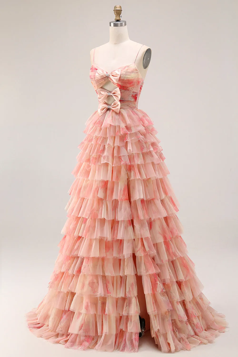 Sunset A Line Floral Tiered Ruffle Cut Out Long Prom Dress with Slit sold by Wedtrend product image thumbnail 3