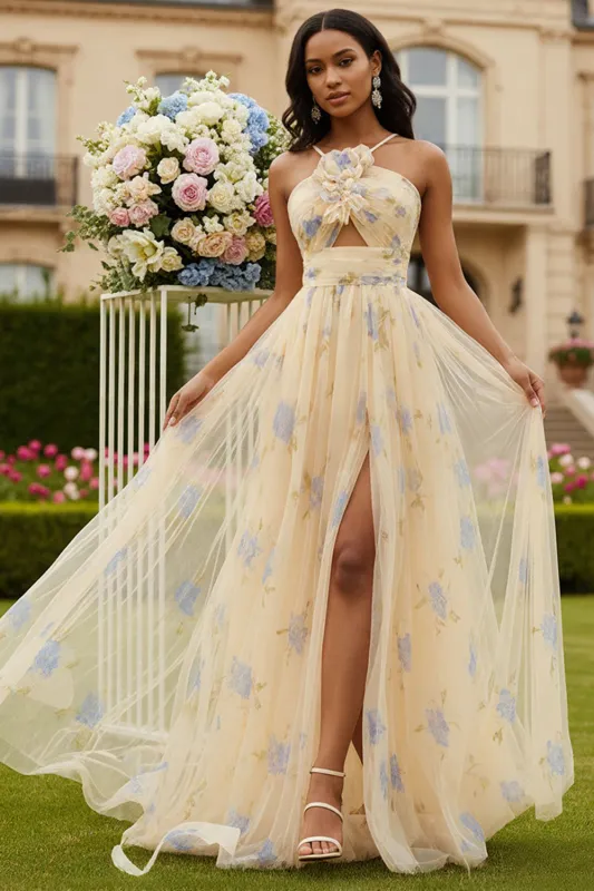Yellow Floral A Line Cut Out Long Prom Dress with Slit sold by Wedtrend