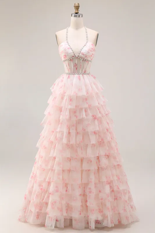 A Line Candy Pink Floral Halter Beaded Corset Tiered Ruffle Long Prom Dress made by Wedtrend