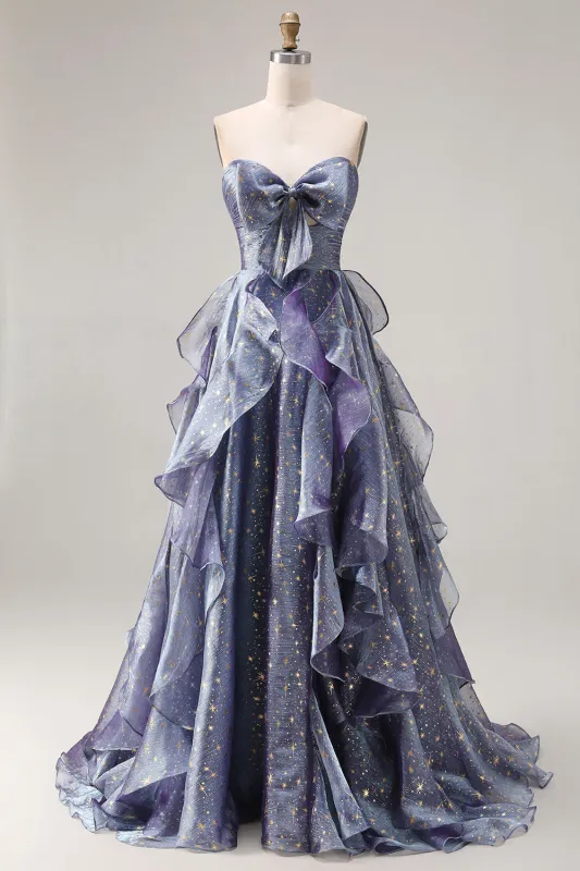 Dusty Blue Strapless Printed A Line Long Prom Dress with Ruffles sold by Wedtrend