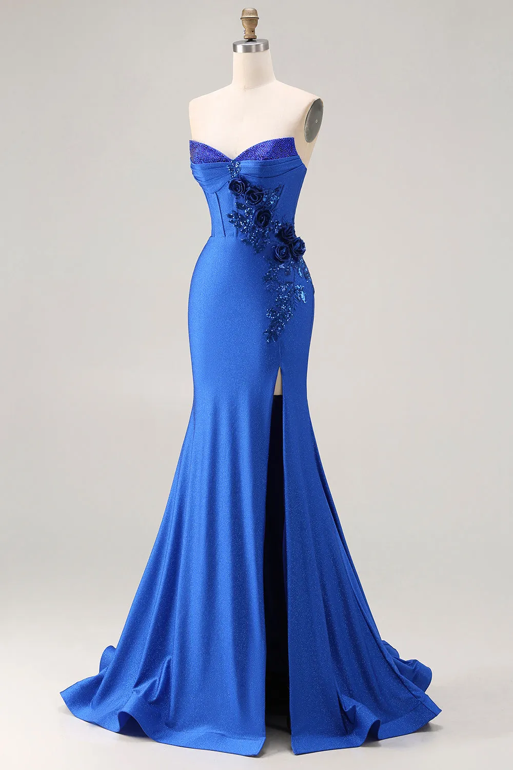 Royal Blue Strapless Sequin Corset Beaded Mermaid Long Prom Dress with 3D Flowers sold by Wedtrend product image thumbnail 3