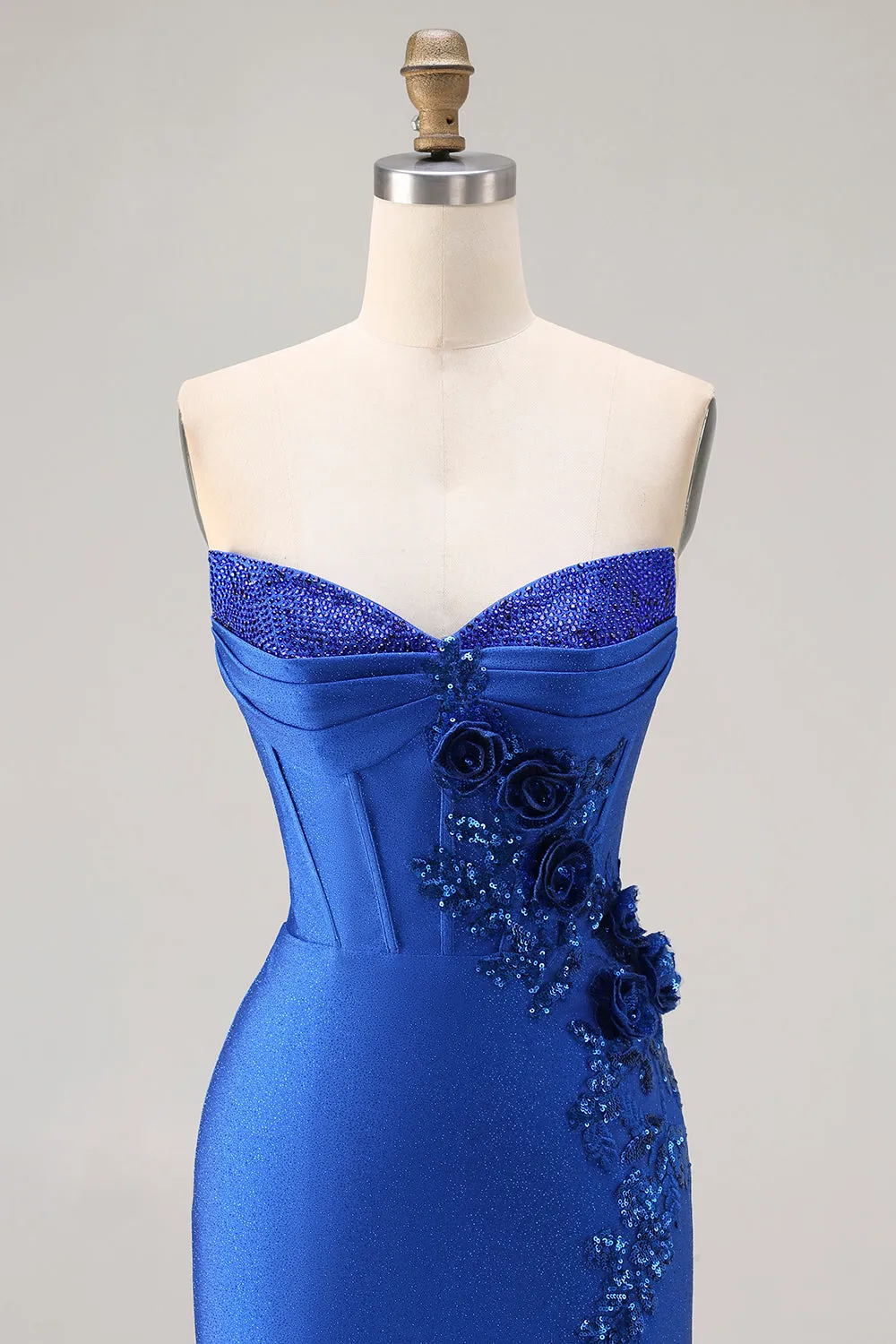 Royal Blue Strapless Sequin Corset Beaded Mermaid Long Prom Dress with 3D Flowers sold by Wedtrend product image thumbnail 4