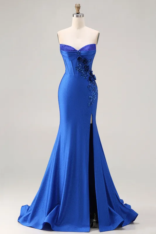 Royal Blue Strapless Sequin Corset Beaded Mermaid Long Prom Dress with 3D Flowers made by Wedtrend