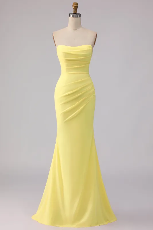 Yellow Strapless Mermaid Ruched Long Bridesmaid Dress sold by Wedtrend