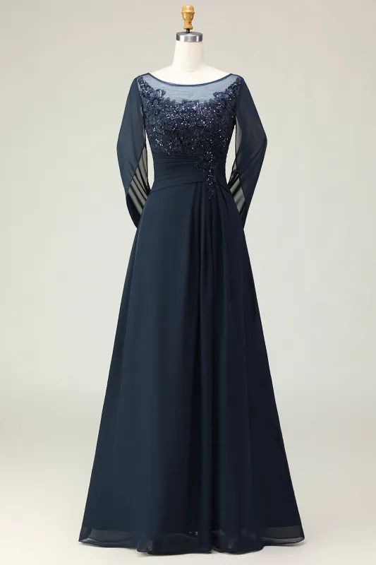 Navy Sequin A Line Round Neck Long Mother of the Bride Dress with Sheer Sleeves sold by Wedtrend