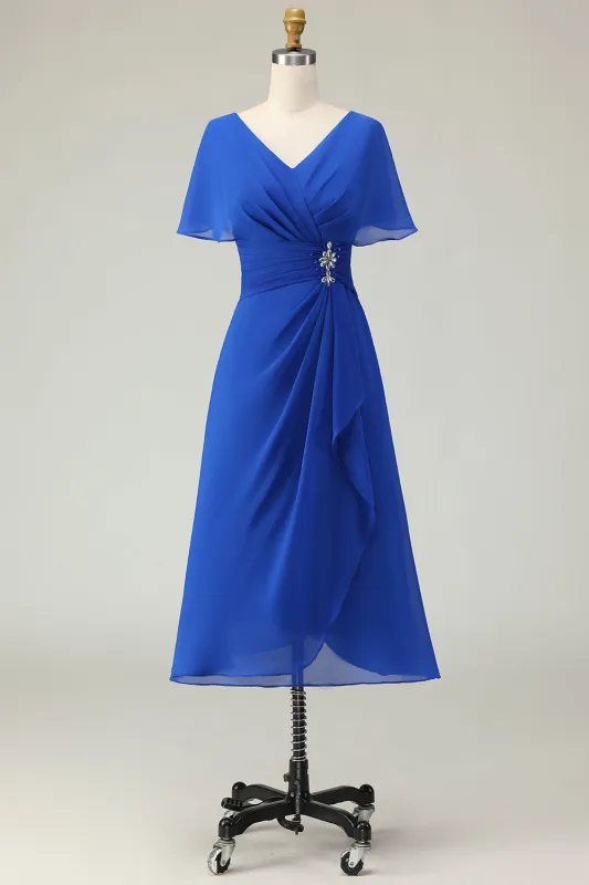 Royal Blue V Neck A Line Beaded Ruched Midi Mother of the Bride Dress made by Wedtrend
