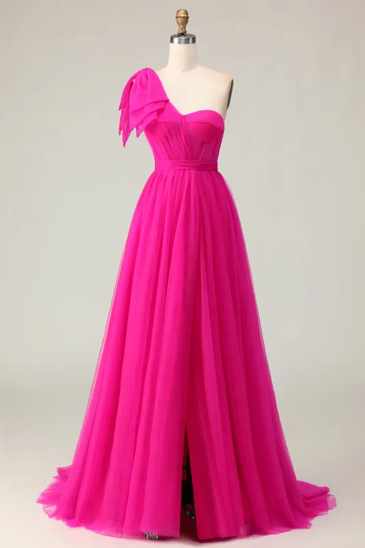 Fuchsia A Line One Shoulder Sheer Corset Tulle Long Prom Dress with Slit sold by Wedtrend