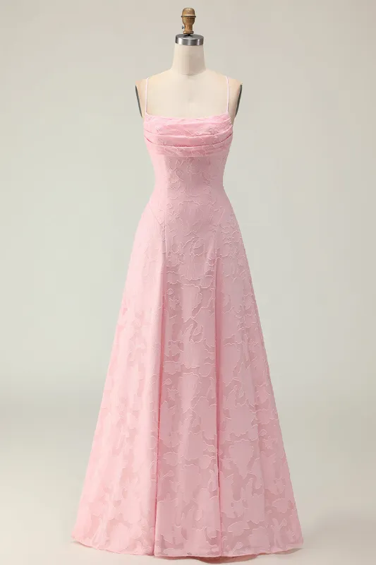 Candy Pink A Line Floral Burnout Long Bridesmaid Dress with Lace Up Back made by Wedtrend