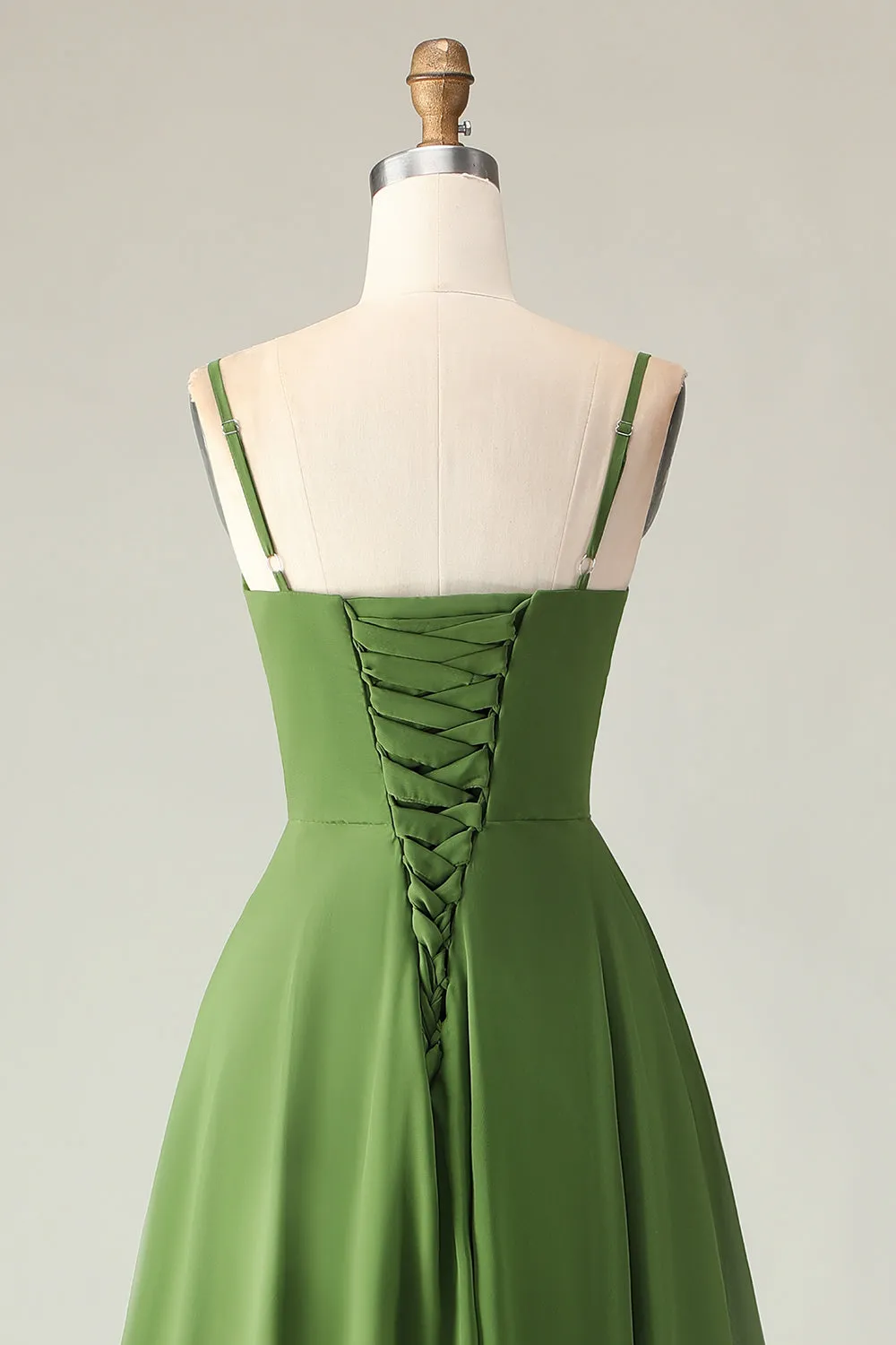 Olive Green A Line Ruched Spaghetti Straps High Low Bridesmaid Dress sold by Wedtrend product image thumbnail 5