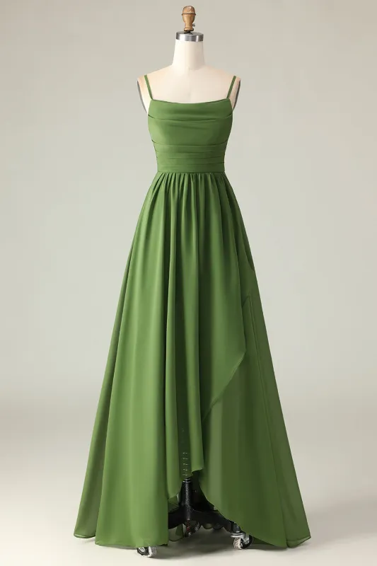 Olive Green A Line Ruched Spaghetti Straps High Low Bridesmaid Dress made by Wedtrend