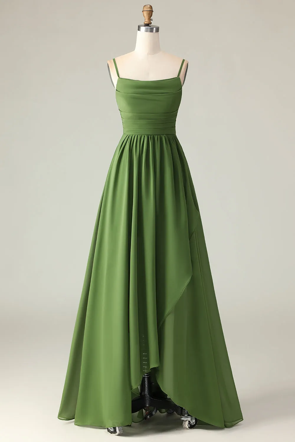 Olive Green A Line Ruched Spaghetti Straps High Low Bridesmaid Dress sold by Wedtrend