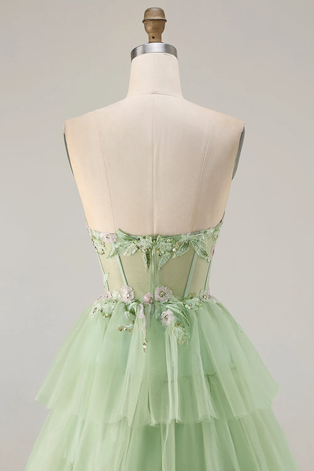 Green A-Line Strapless Corset Beaded Tiered Ruffle Long Prom Dress with Slit sold by Wedtrend product image thumbnail 5