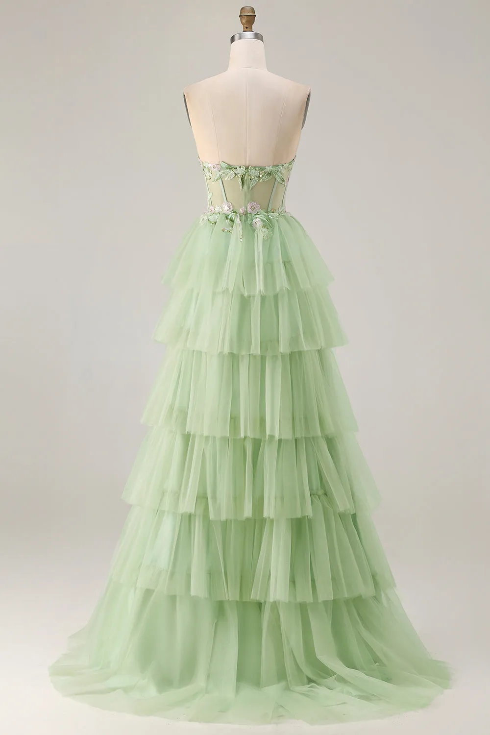 Green A-Line Strapless Corset Beaded Tiered Ruffle Long Prom Dress with Slit sold by Wedtrend product image thumbnail 2
