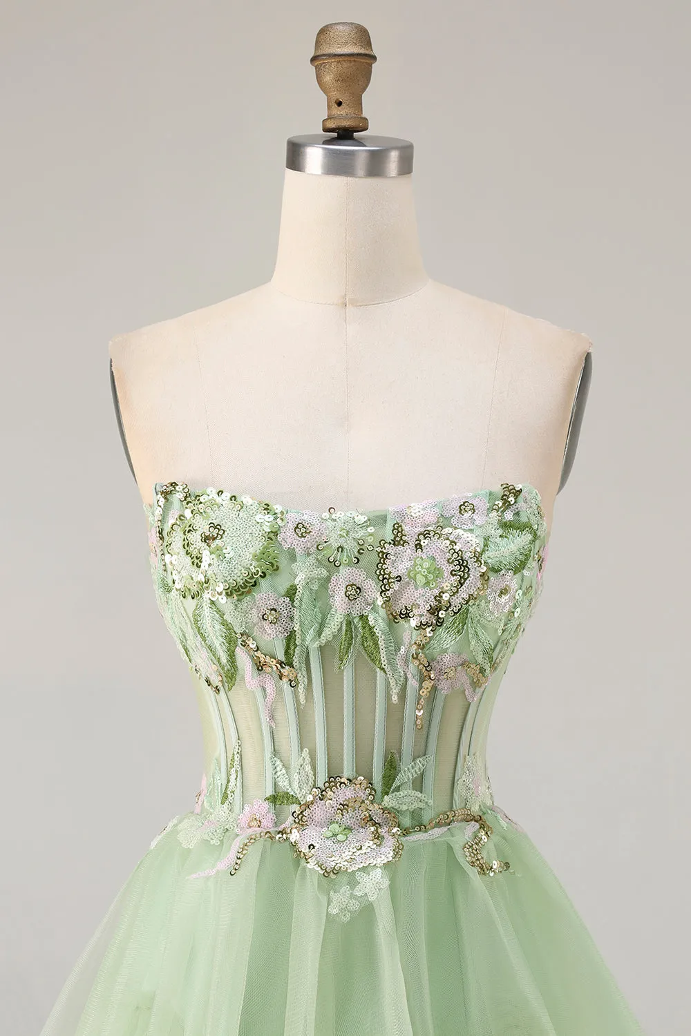 Green A-Line Strapless Corset Beaded Tiered Ruffle Long Prom Dress with Slit sold by Wedtrend product image thumbnail 4