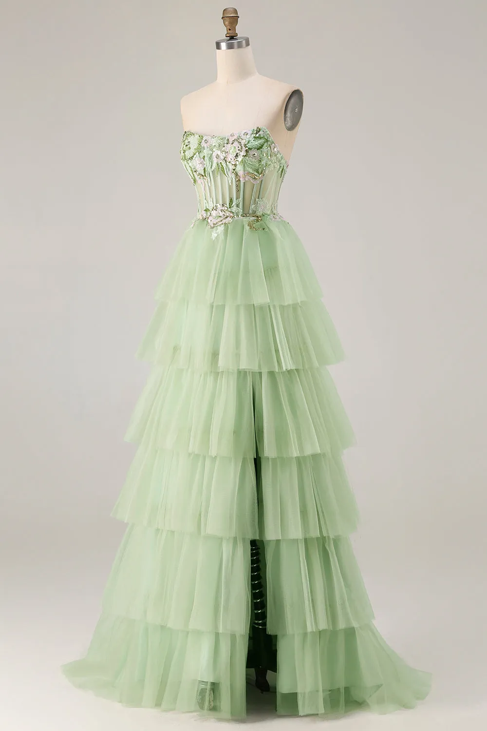 Green A-Line Strapless Corset Beaded Tiered Ruffle Long Prom Dress with Slit sold by Wedtrend product image thumbnail 3