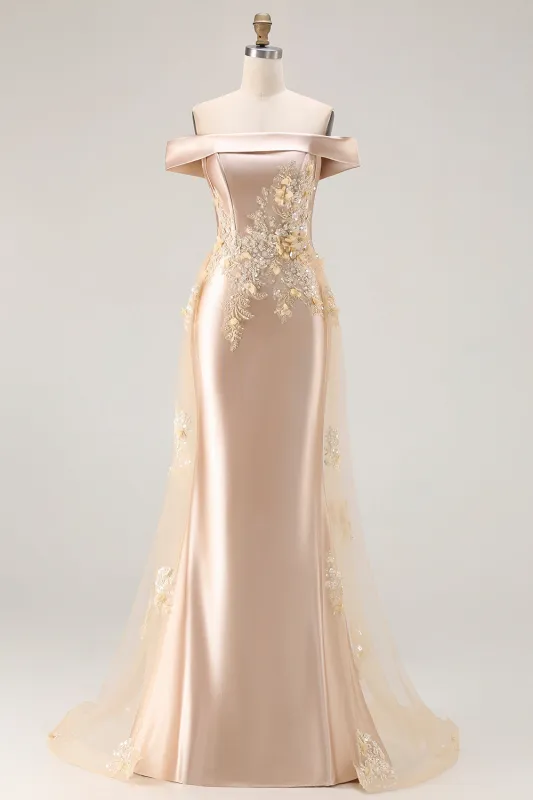 Champagne Mermaid Off the Shoulder Appliqued Mother Of The Bride Dress with Sequins made by Wedtrend