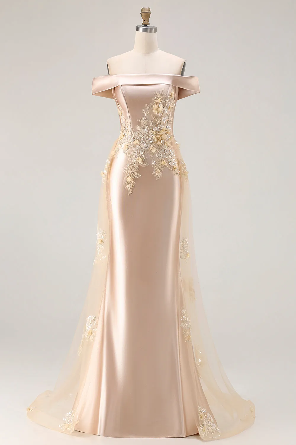 Champagne Mermaid Off the Shoulder Appliqued Mother Of The Bride Dress with Sequins sold by Wedtrend