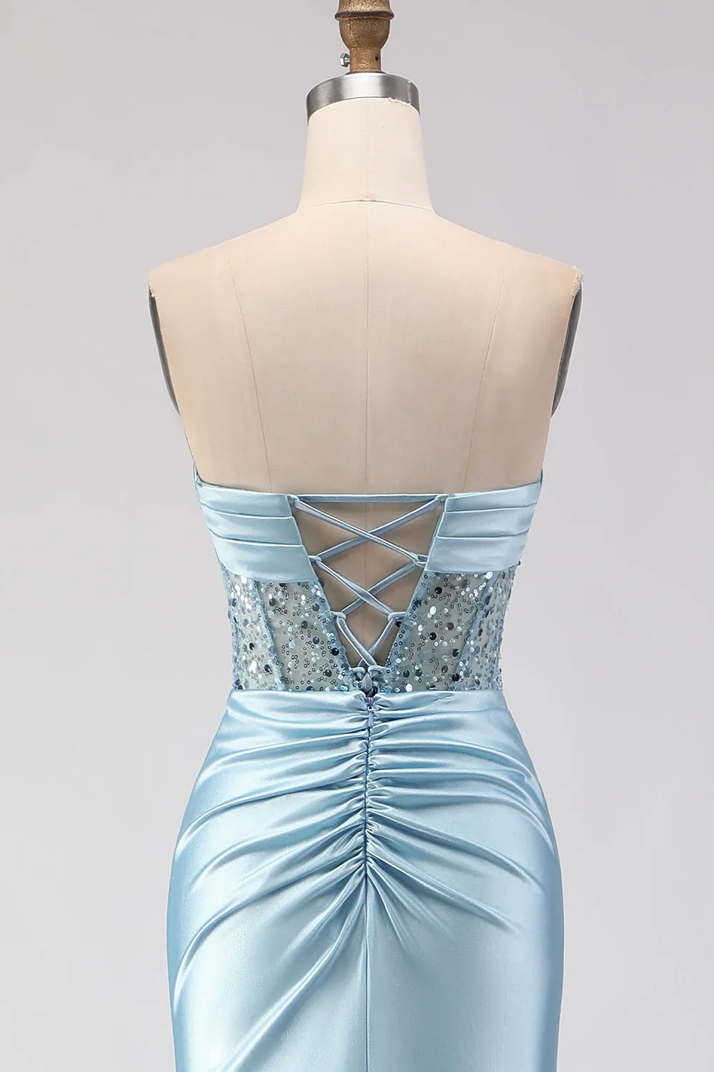 Strapless Mermaid Blue Sequin Ruched Long Prom Dress with Slit sold by Wedtrend product image thumbnail 5