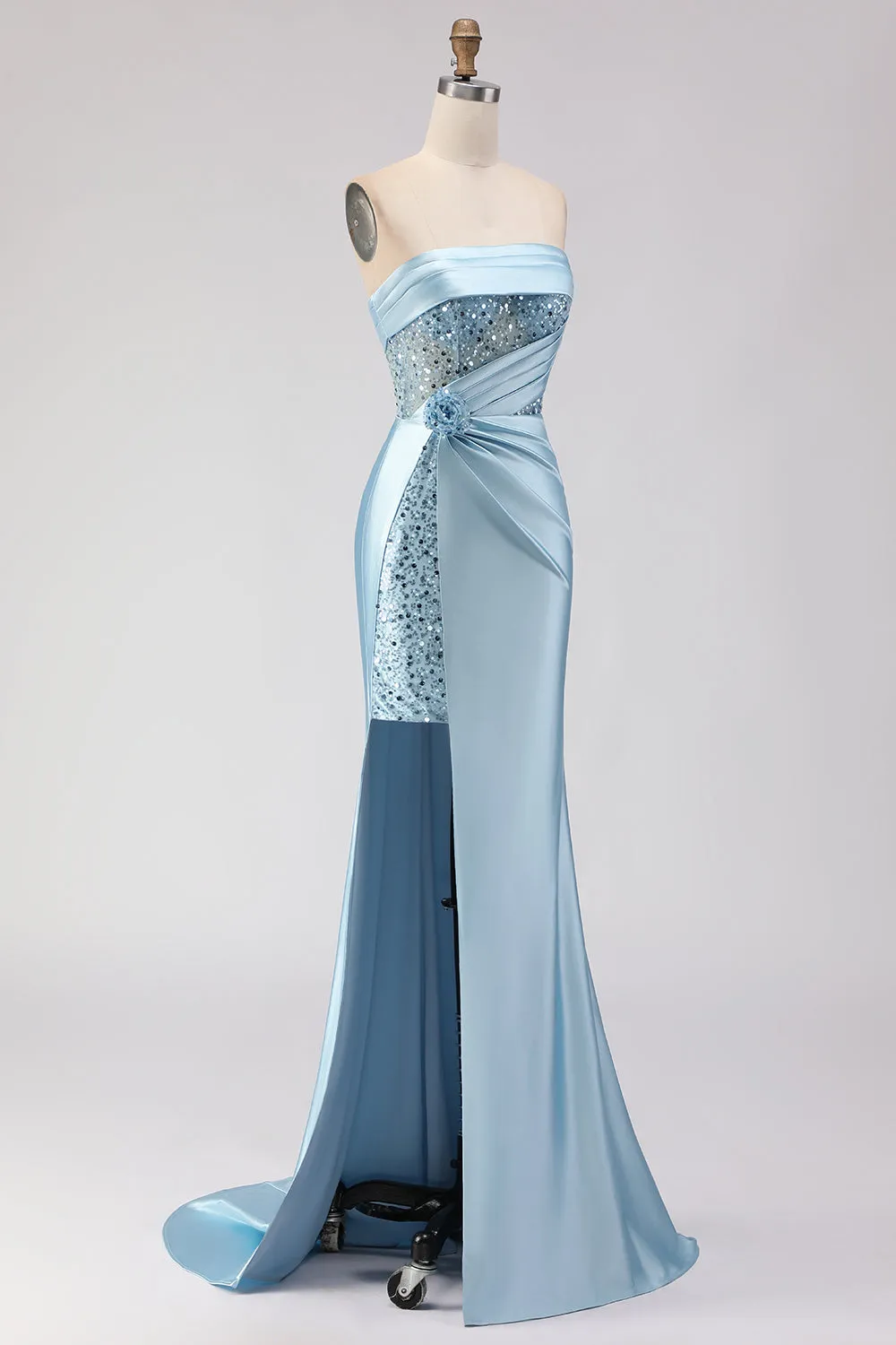 Strapless Mermaid Blue Sequin Ruched Long Prom Dress with Slit sold by Wedtrend product image thumbnail 3