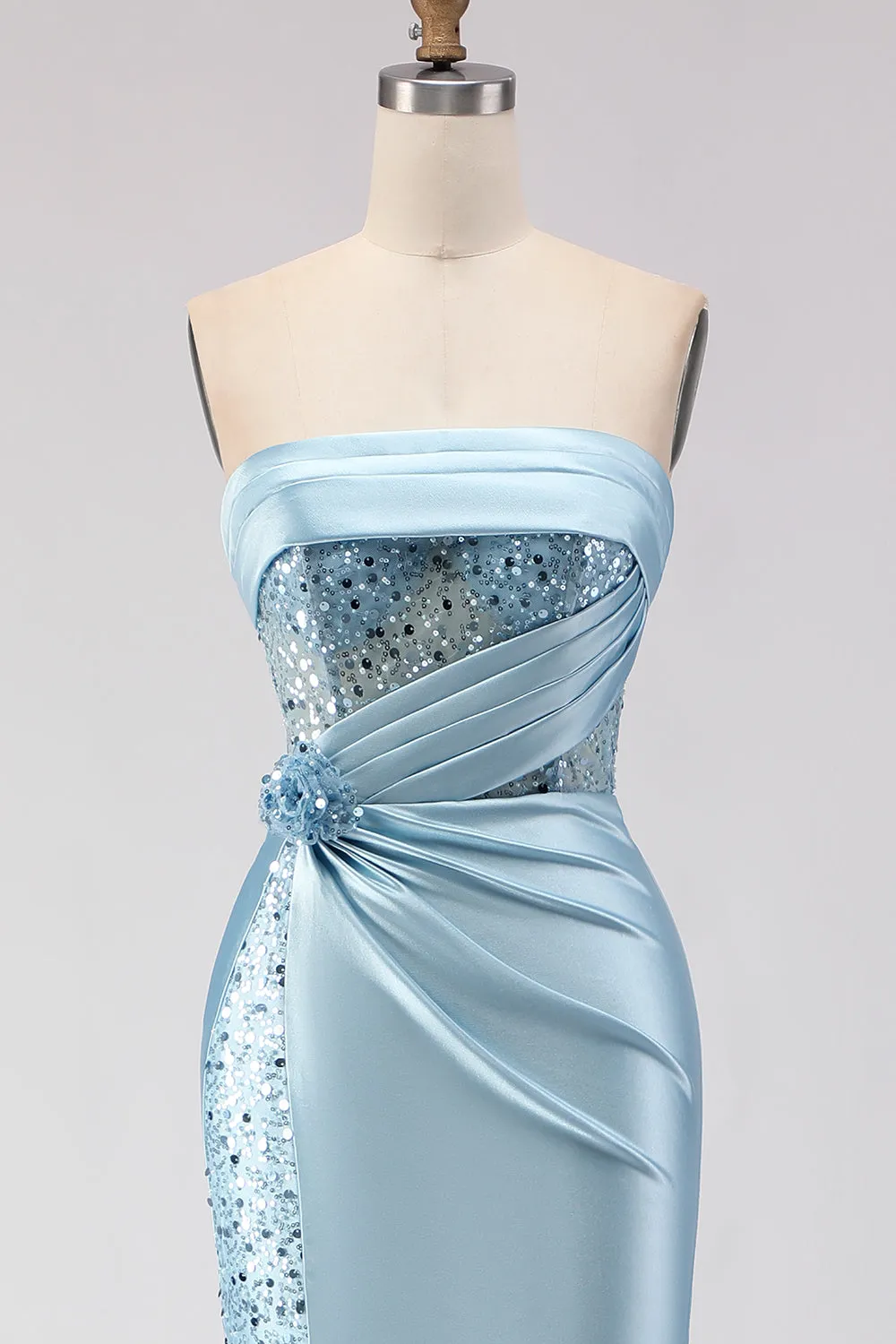 Strapless Mermaid Blue Sequin Ruched Long Prom Dress with Slit sold by Wedtrend product image thumbnail 4