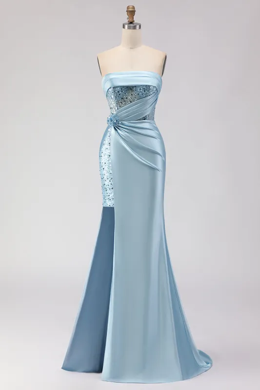 Strapless Mermaid Blue Sequin Ruched Long Prom Dress with Slit made by Wedtrend