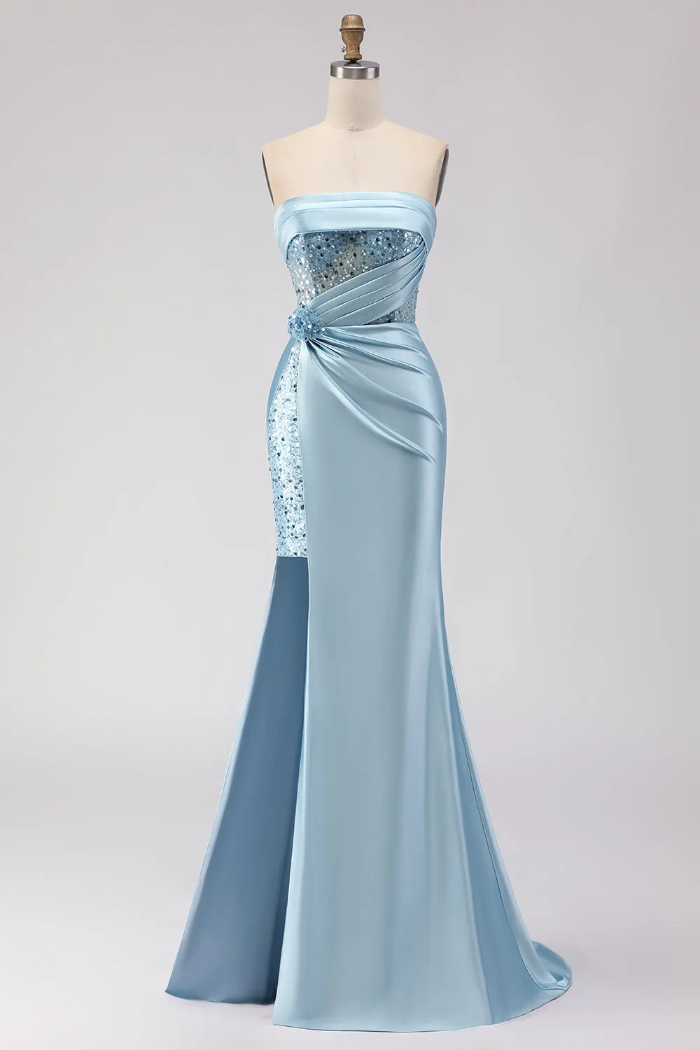Strapless Mermaid Blue Sequin Ruched Long Prom Dress with Slit sold by Wedtrend