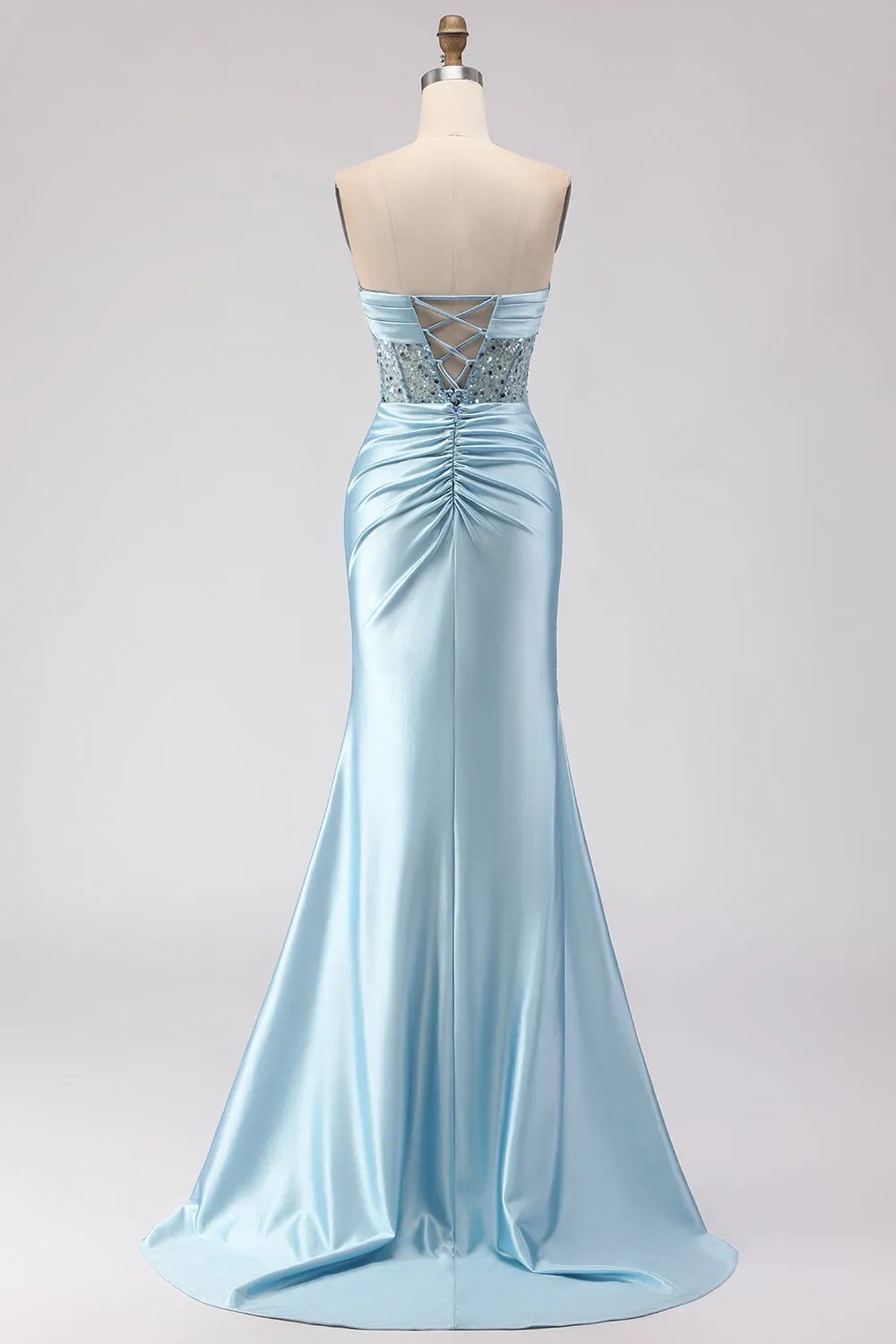 Strapless Mermaid Blue Sequin Ruched Long Prom Dress with Slit sold by Wedtrend product image thumbnail 2