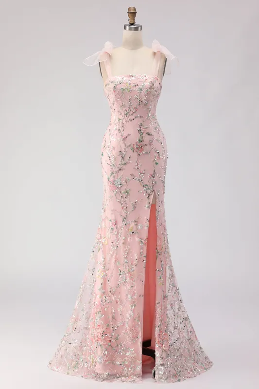 Sparkly Blush Embroidered Sequin Mermaid Long Prom Dress with Slit sold by Wedtrend