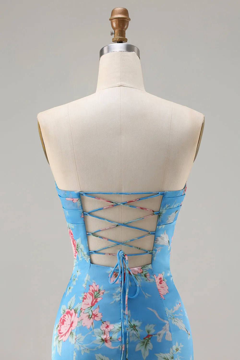 Blue Pink Flower Sweetheart Mermaid Tiered Ruffle Long Prom Dress with Slit sold by Wedtrend product image thumbnail 5