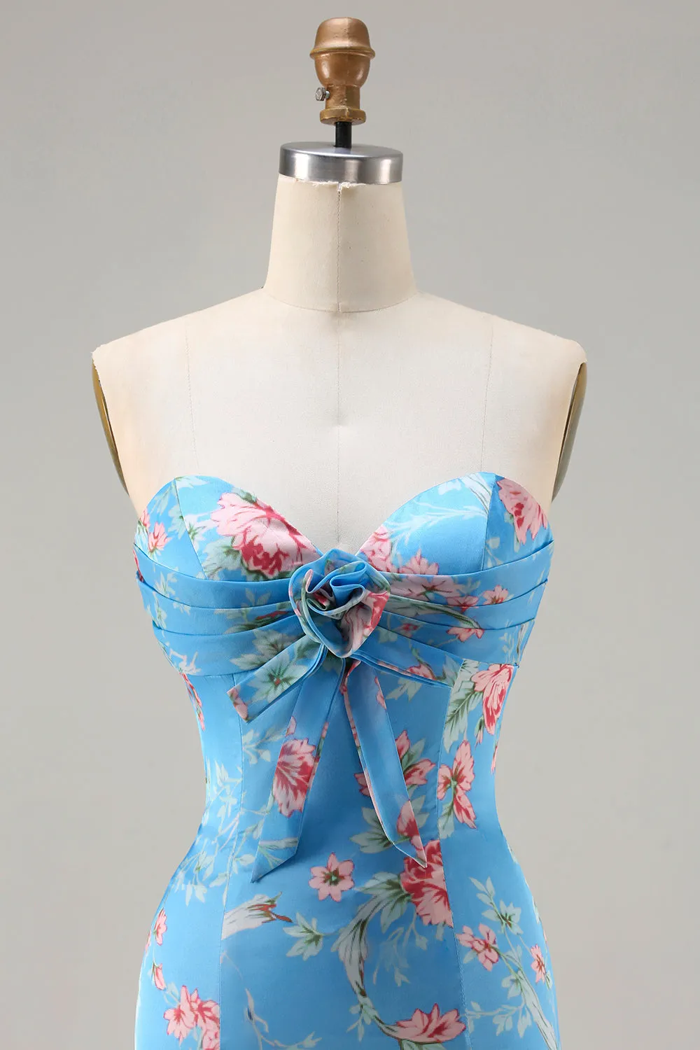 Blue Pink Flower Sweetheart Mermaid Tiered Ruffle Long Prom Dress with Slit sold by Wedtrend product image thumbnail 4