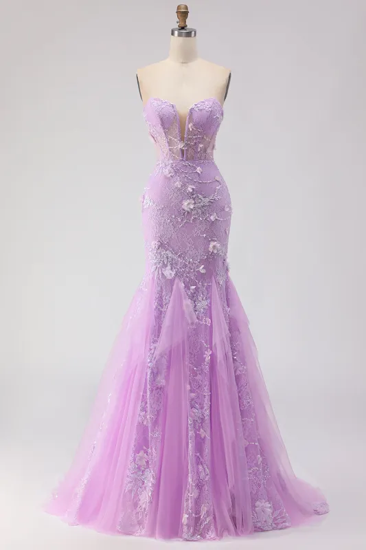 Purple Strapless Mermaid Corset Appliqued Long Prom Dress made by Wedtrend