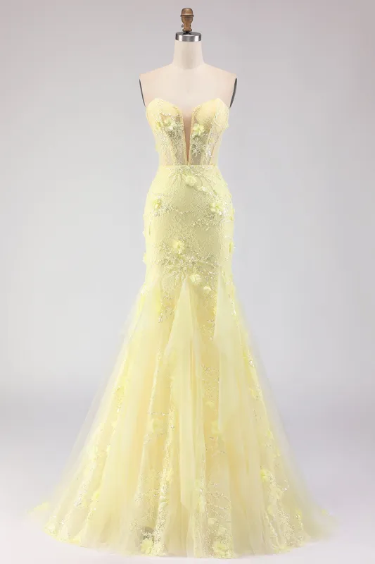 Strapless Yellow Mermaid Corset Lace Long Prom Dress with Sequins sold by Wedtrend