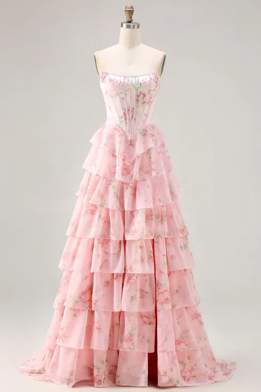 Pink Floral Strapless A-Line Corset Tiered Ruffle Print Long Prom Dress with Slit made by Wedtrend