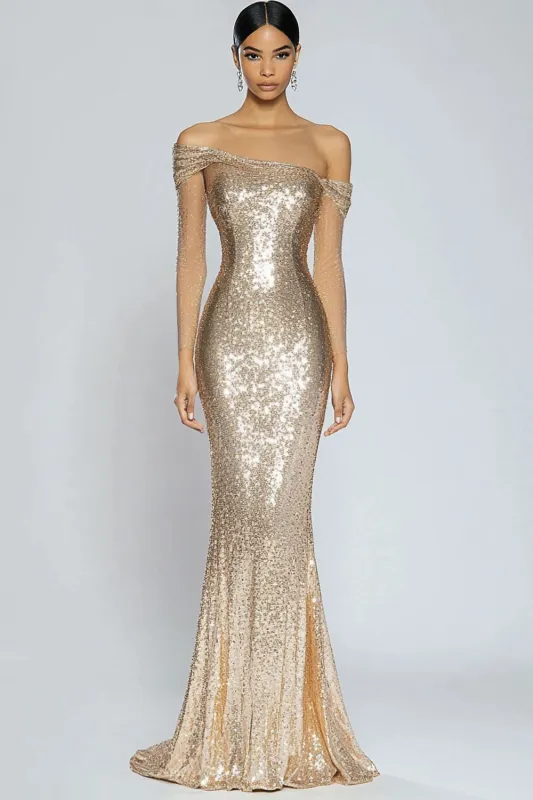 Sparkly Champagne Mermaid Off the Shoulder Sequins Long Formal Dress made by Wedtrend
