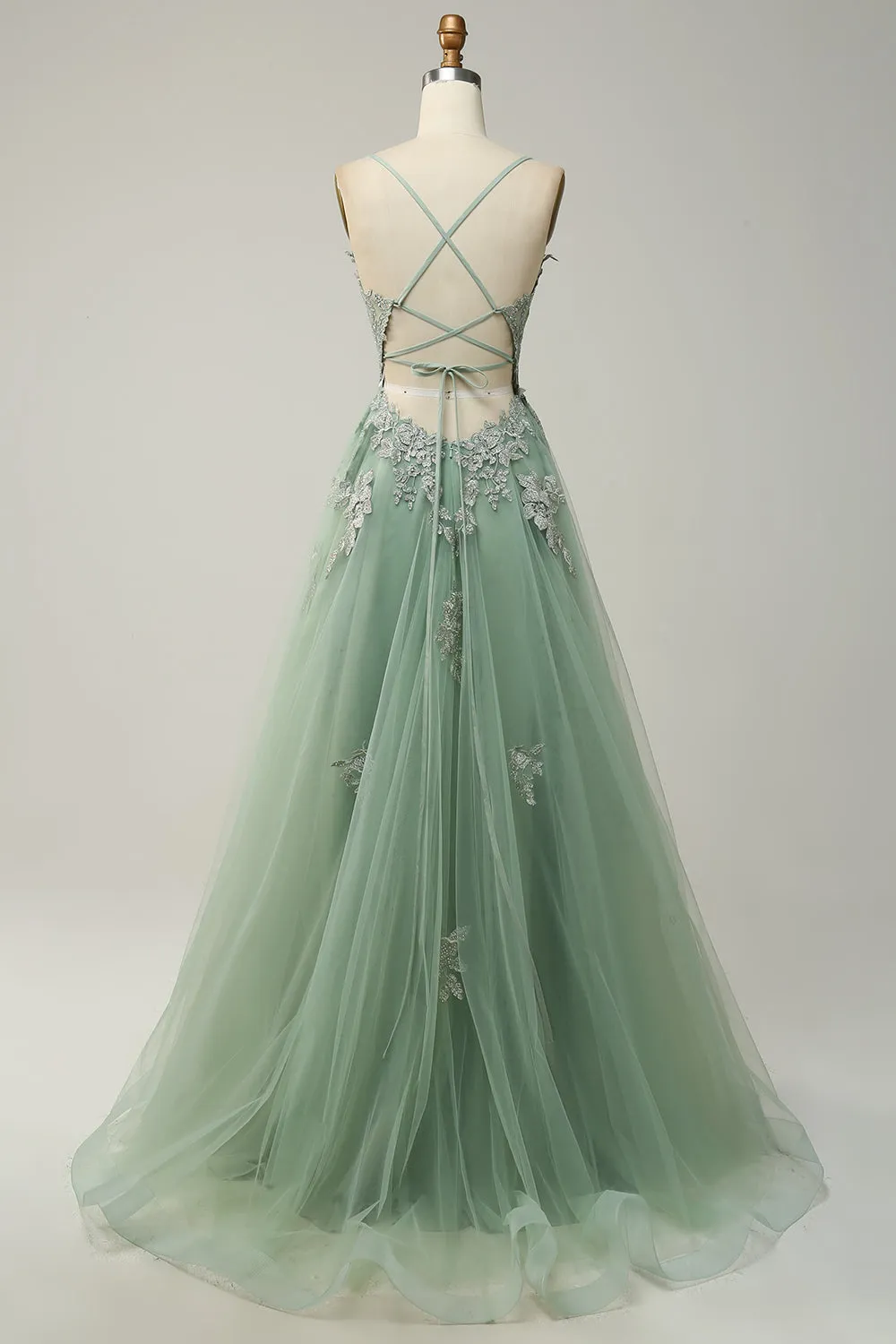 Green A Line Spaghetti Straps Long Prom Dress with Criss Cross Back sold by Wedtrend product image thumbnail 2