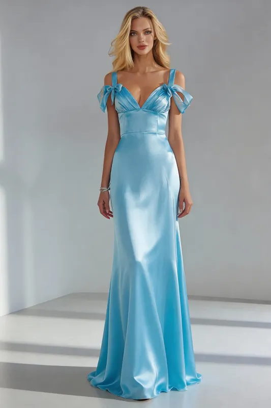 Sky Blue Mermaid Satin Backless Long Formal Dress with Bows made by Wedtrend