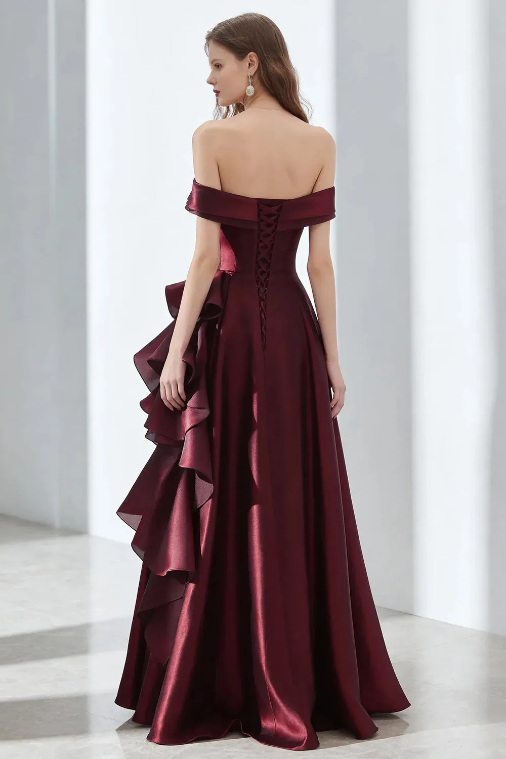 Off the Shoulder Burgundy A Line Satin Formal Dress with Ruffles sold by Wedtrend product image thumbnail 2