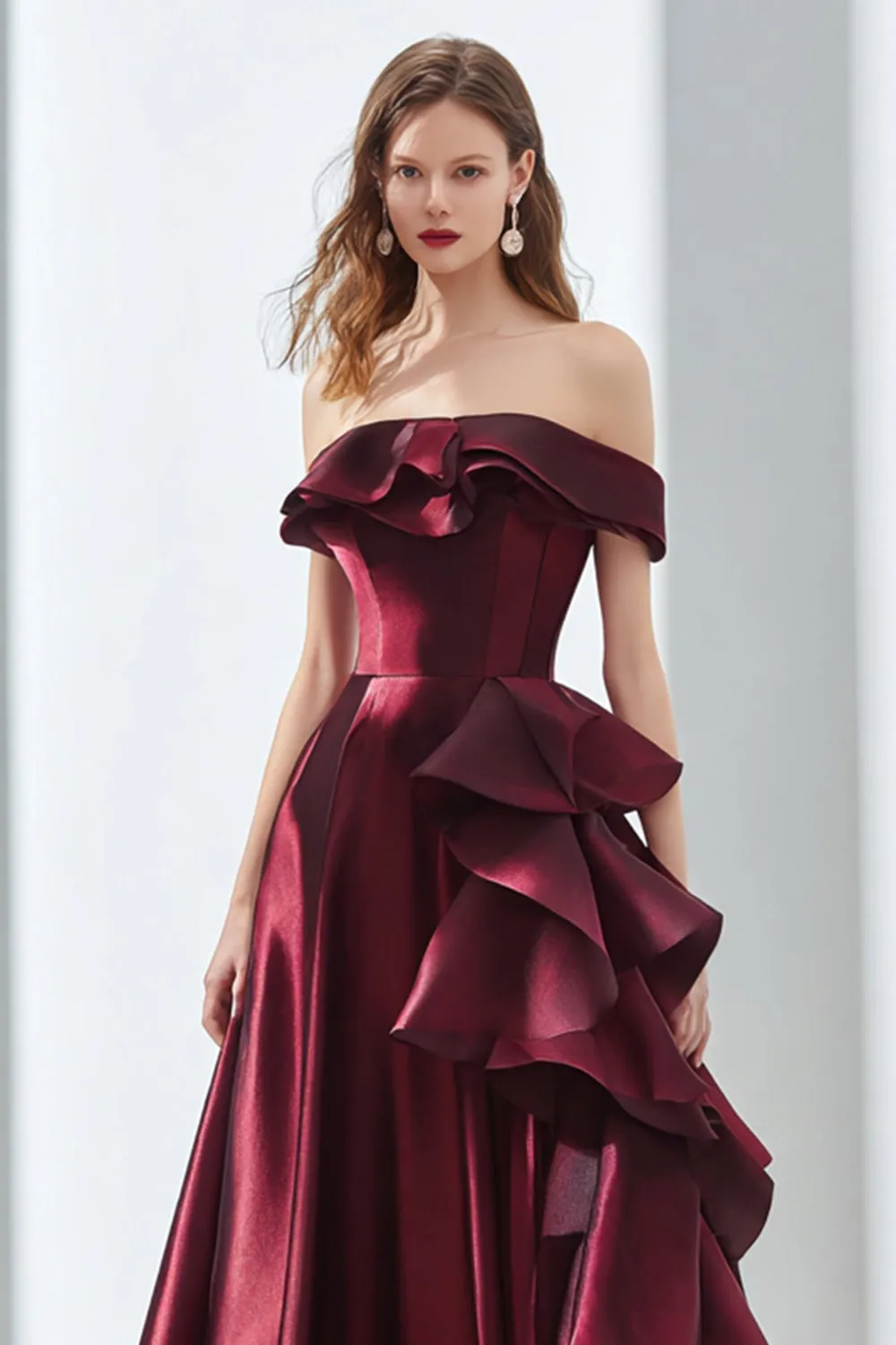 Off the Shoulder Burgundy A Line Satin Formal Dress with Ruffles sold by Wedtrend product image thumbnail 3
