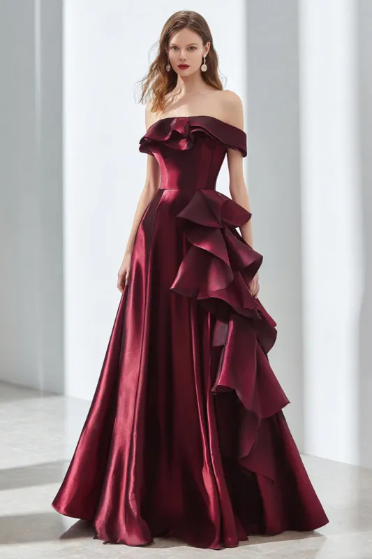 Off the Shoulder Burgundy A Line Satin Formal Dress with Ruffles made by Wedtrend