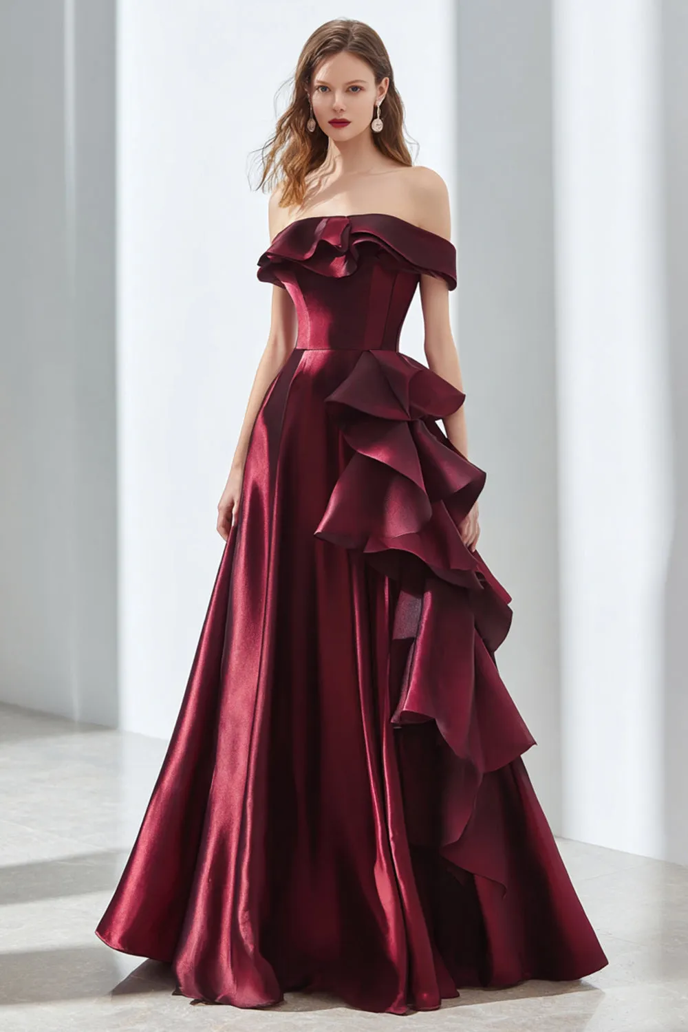 Off the Shoulder Burgundy A Line Satin Formal Dress with Ruffles sold by Wedtrend