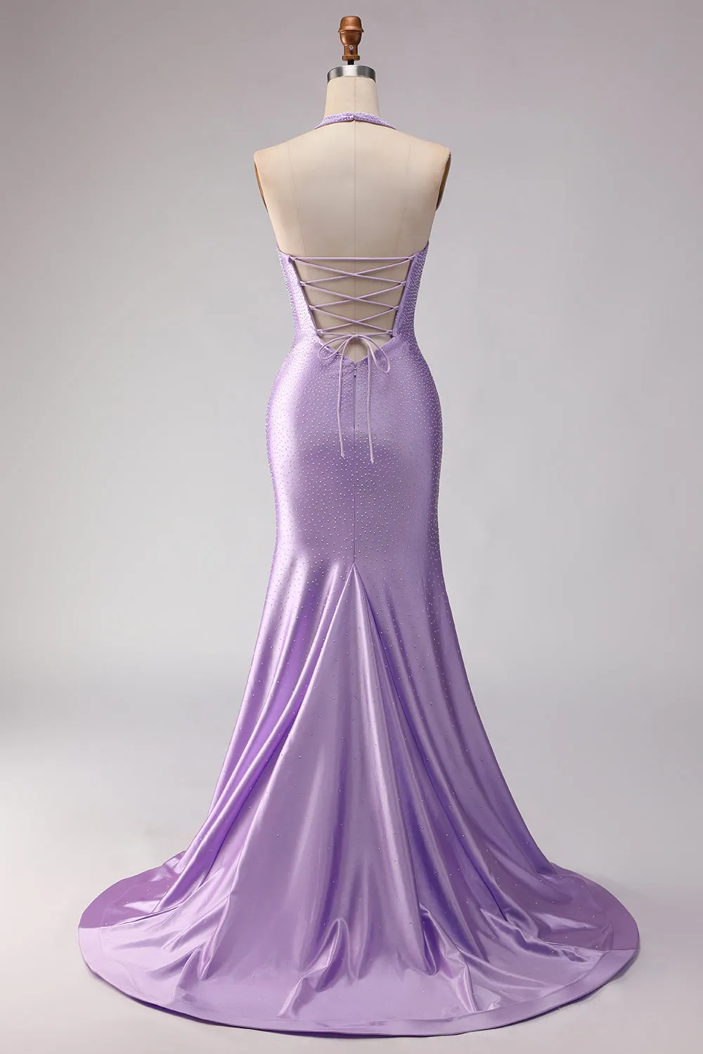 Lilac Beaded Mermaid Halter Cut Out Long Prom Dress with Slit sold by Wedtrend product image thumbnail 2