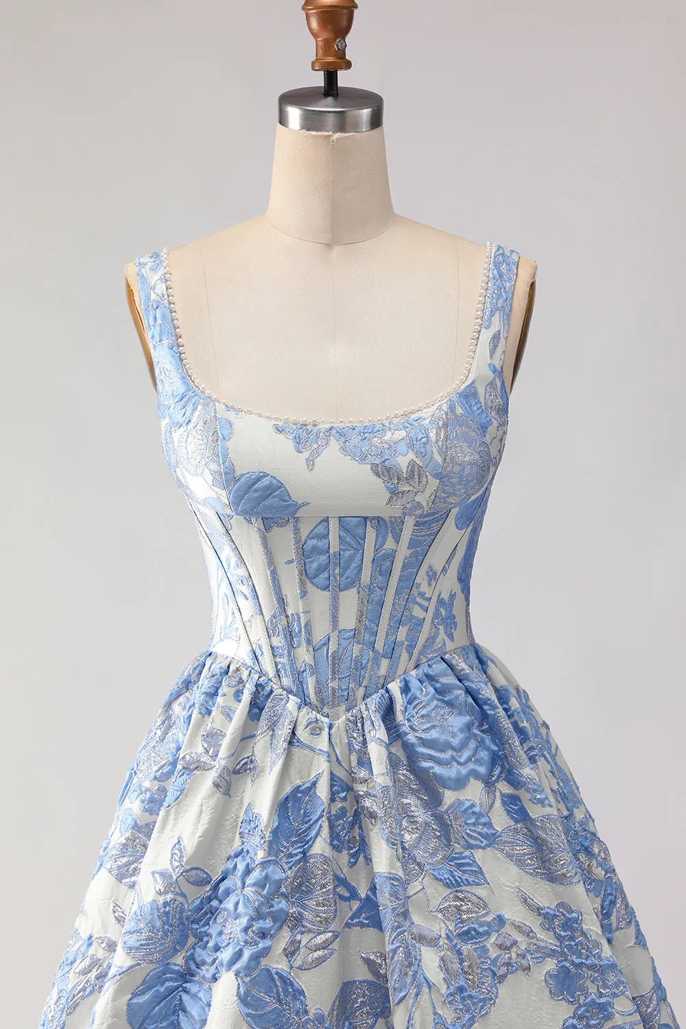 Light Blue A Line Jacquard Corset Long Prom Dress with Pearls sold by Wedtrend product image thumbnail 4
