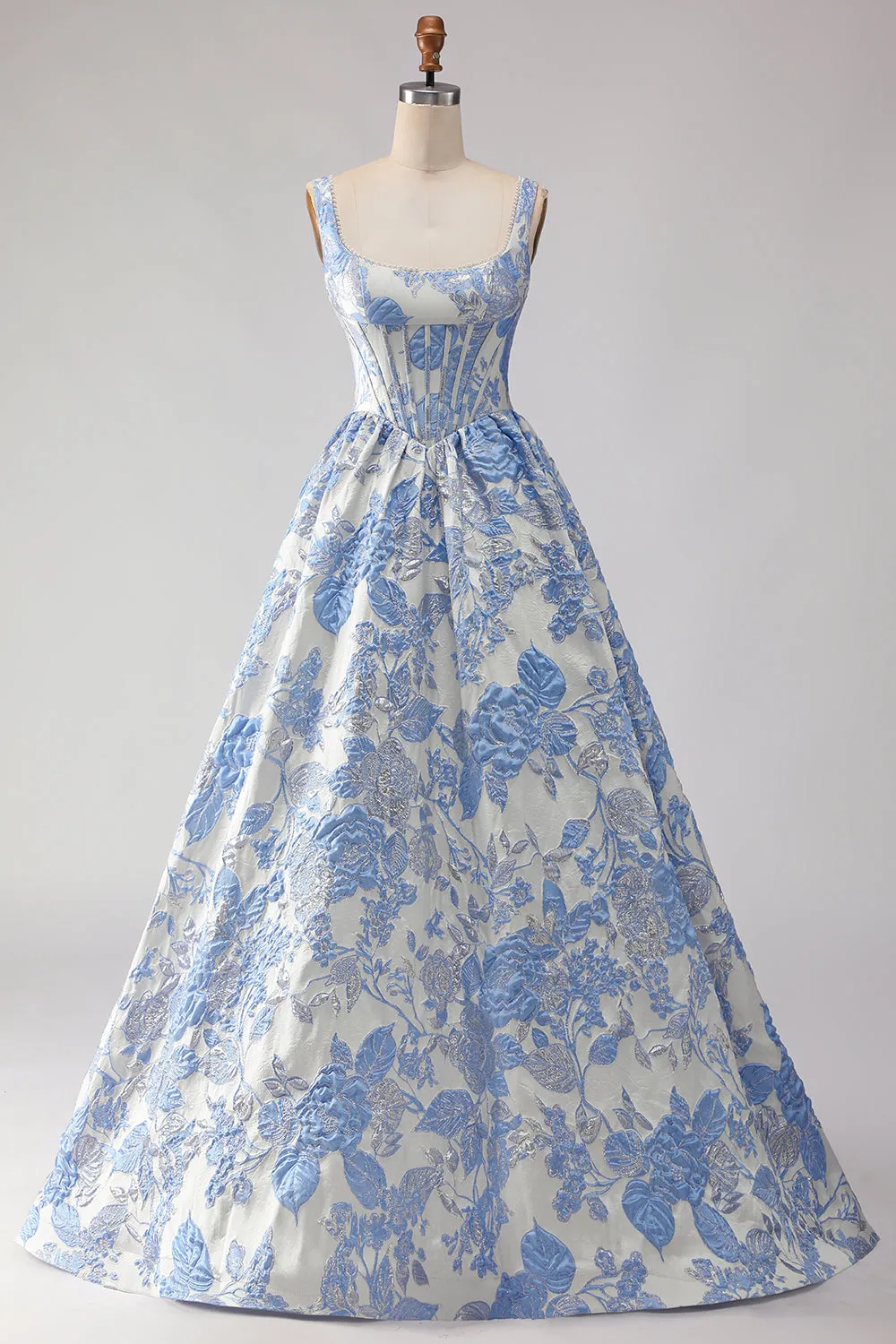 Light Blue A Line Jacquard Corset Long Prom Dress with Pearls sold by Wedtrend
