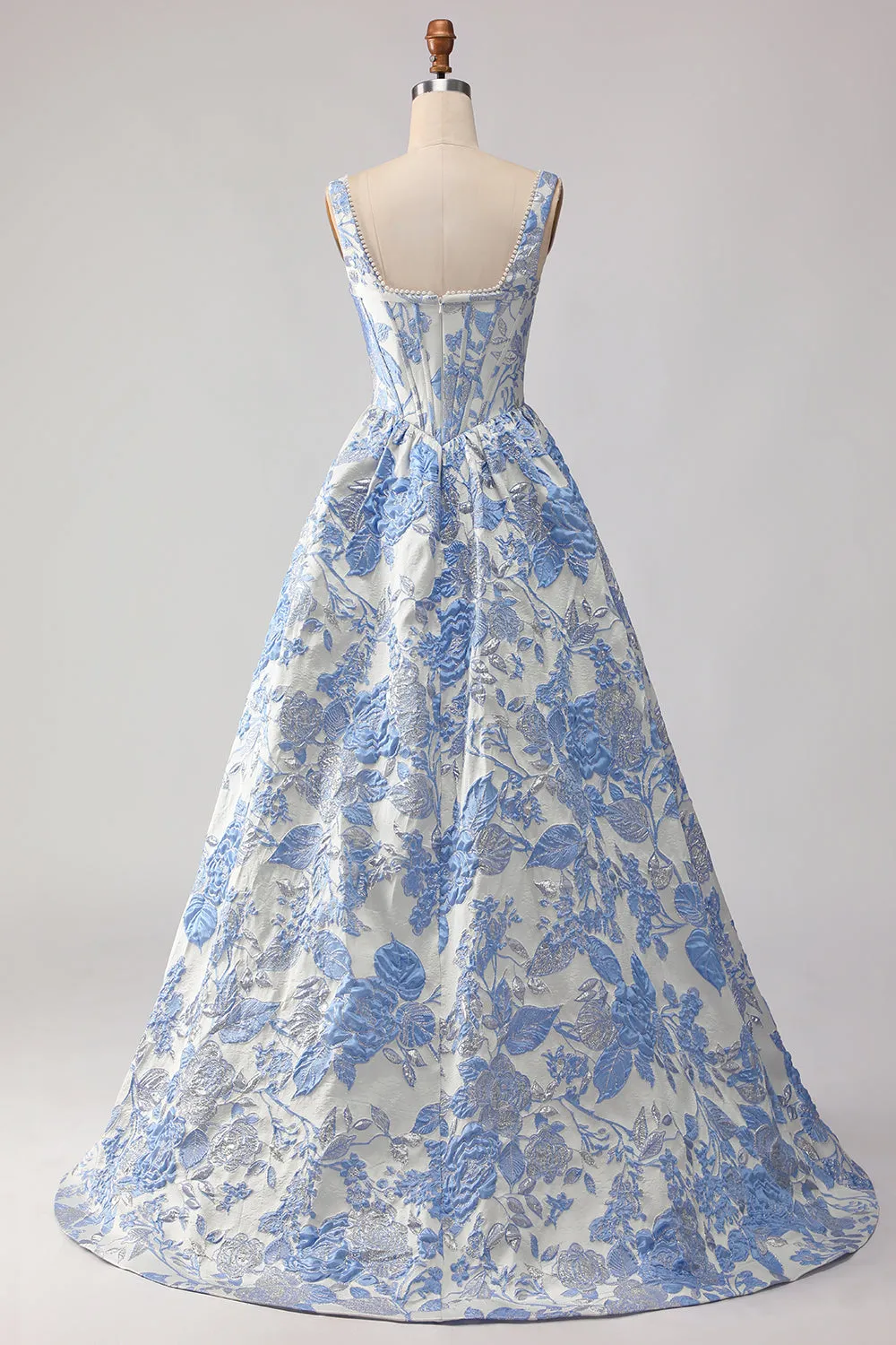 Light Blue A Line Jacquard Corset Long Prom Dress with Pearls sold by Wedtrend product image thumbnail 2