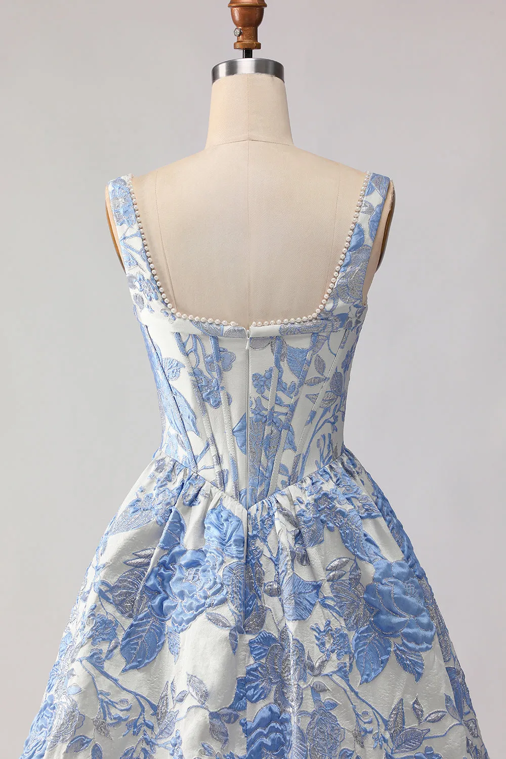 Light Blue A Line Jacquard Corset Long Prom Dress with Pearls sold by Wedtrend product image thumbnail 5