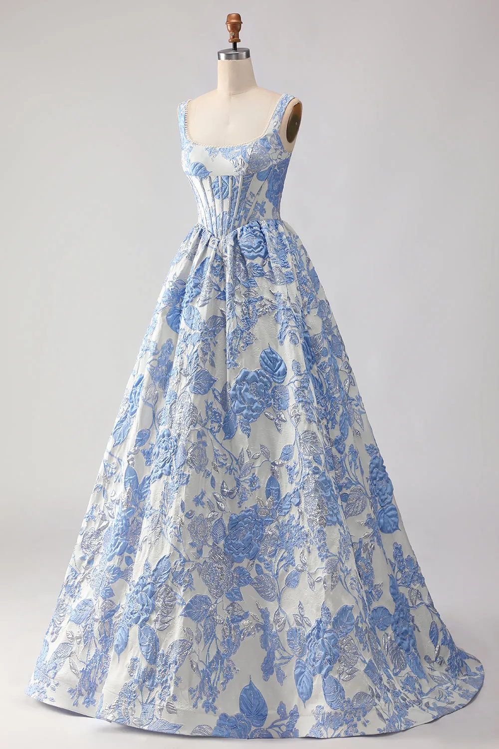 Light Blue A Line Jacquard Corset Long Prom Dress with Pearls sold by Wedtrend product image thumbnail 3
