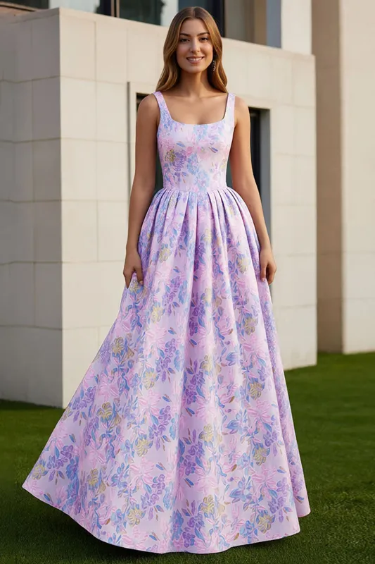 Floral Lilac A Line Square Neck Long Wedding Guest Dress made by Wedtrend