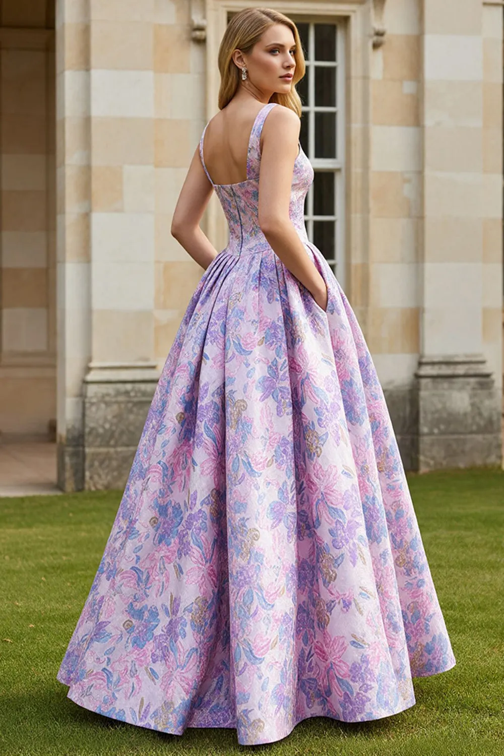 Floral Lilac A Line Square Neck Long Wedding Guest Dress sold by Wedtrend product image thumbnail 2