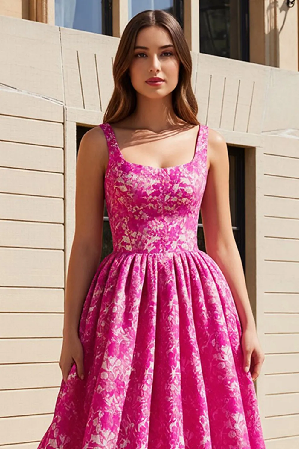 Fuchsia Printed A Line Long Wedding Guest Dress sold by Wedtrend product image thumbnail 4